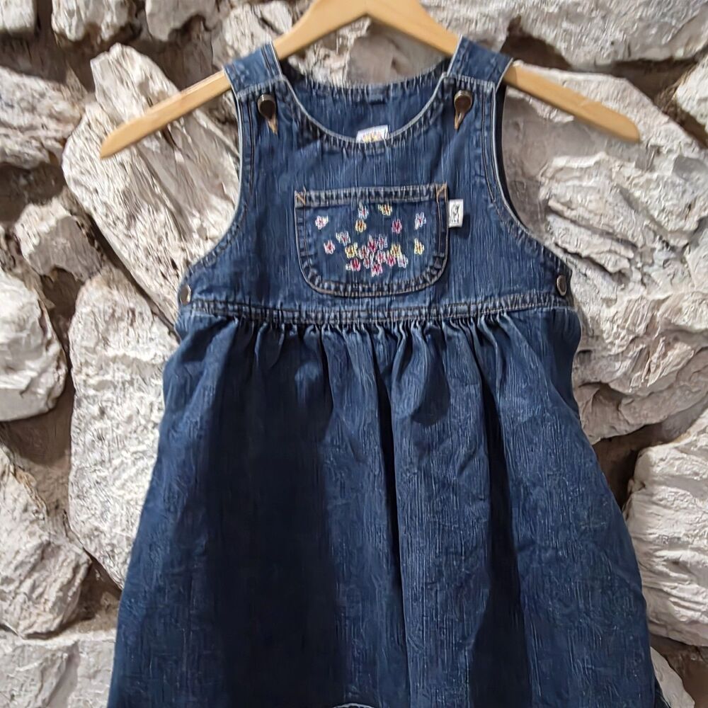 Vintage Sprockets Overall Denim Dress Floral Embroidered Girls Size 4T